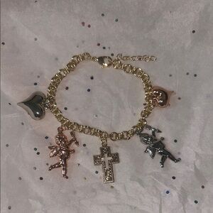 Pretty Bird Gold Charm Bracelet with Angel and Cross Pendants